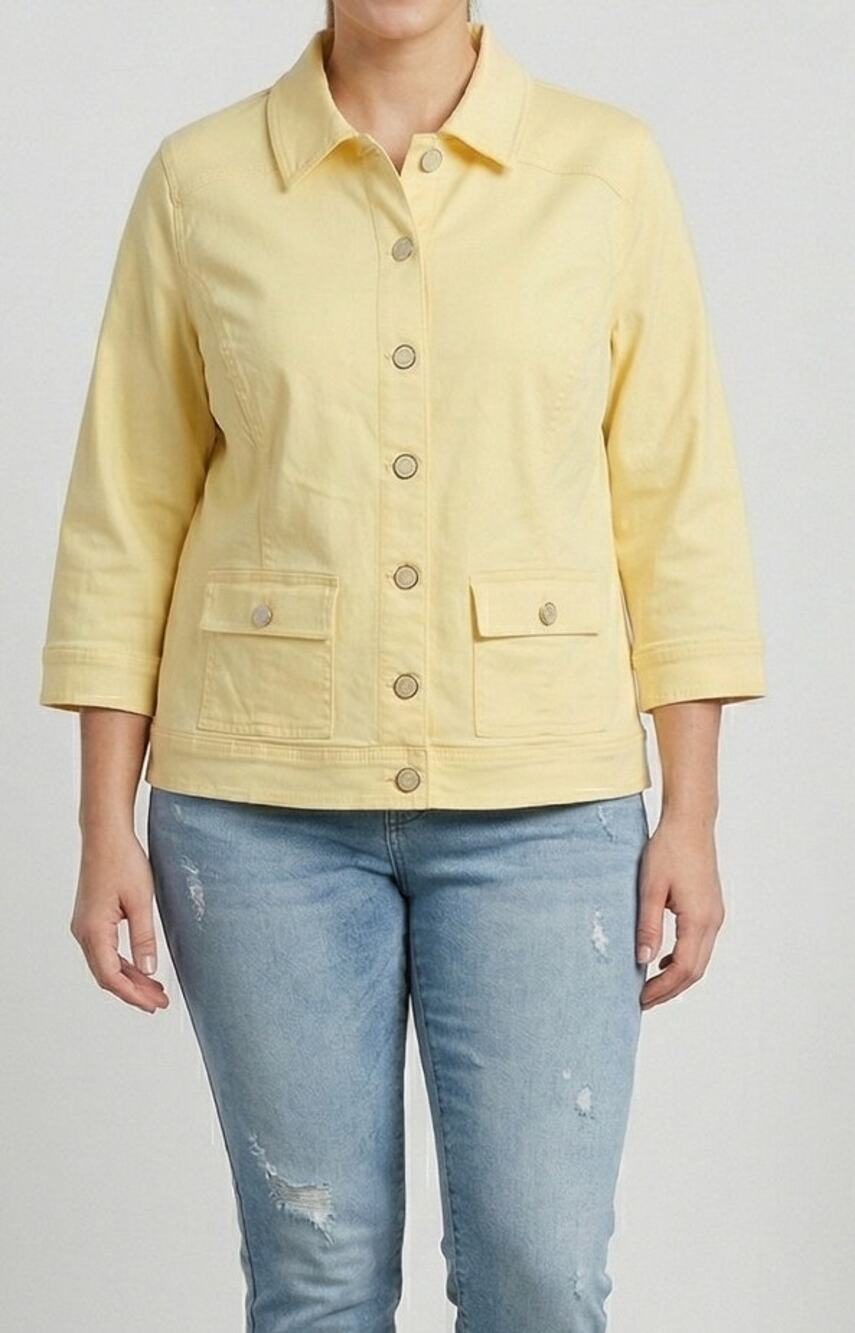 CJ Banks Womens Size X 14W Yellow Collared Button Front 3/4 Sleeve Jacket Cotton